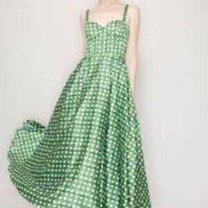Ina Satin Trellis Print Bustier Flared Midi Dress green/white small